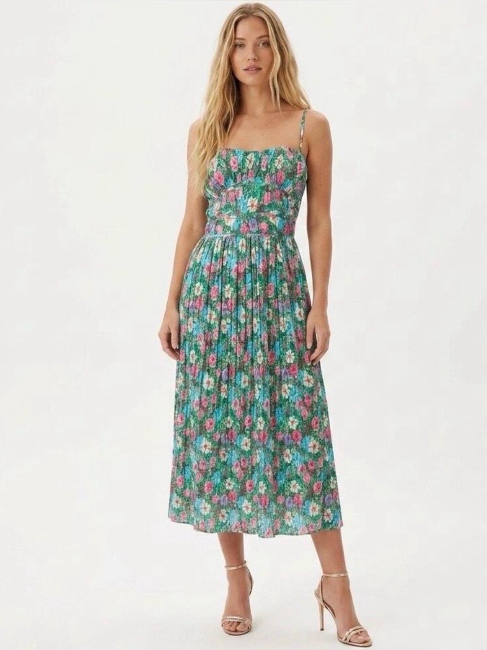 NWT-Zara Floral Printed Pleated Mesh Midi Dress (size M)
